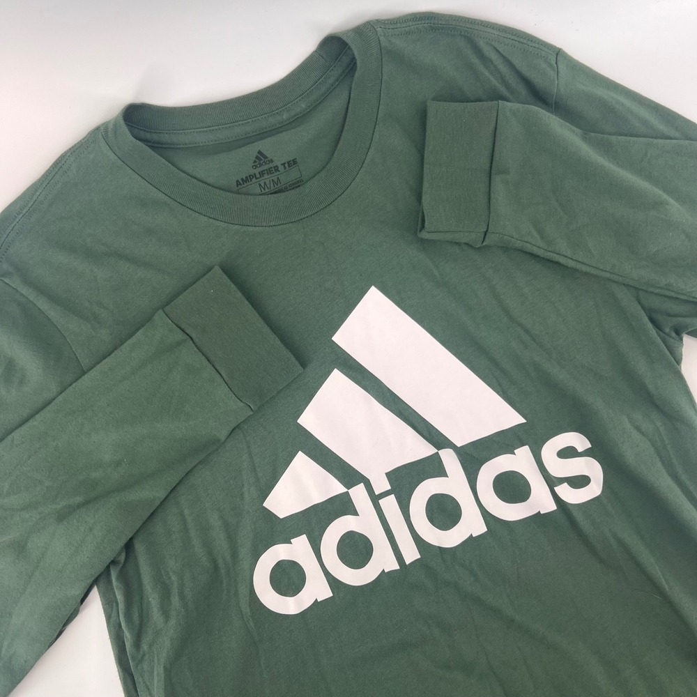 Adidas Mens Medium Long Sleeve Shirt Cotton Amplifier Tee Green Logo